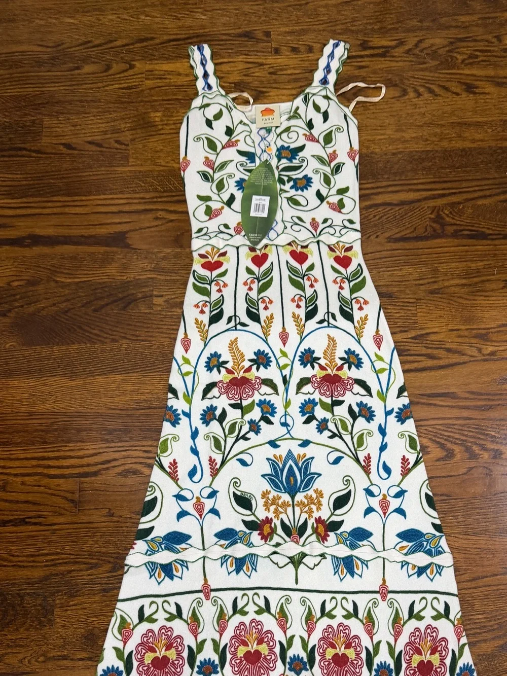 Farm Rio Garden Stitched sleeveless Floral Embroidered White Midi Dress, NWT